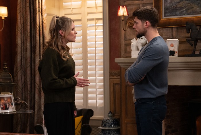 Dawn and Joe stood talking in Home Farm in a scene from Emmerdale