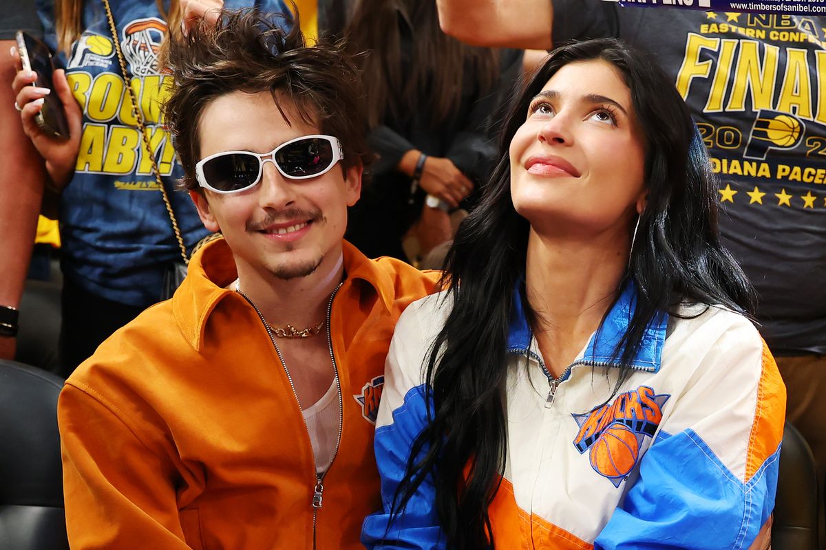 Timothee Chalamet and Kylie Jenner attending a sporting event in 2025