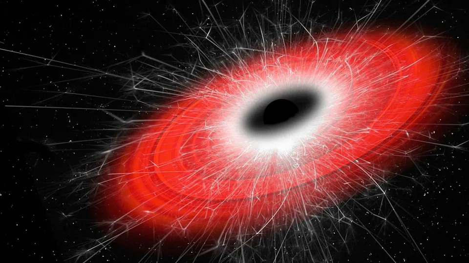 A conceptual illustration of Hawking radiation being emitted by a black hole.