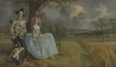 A couple in 18th-century attire sit under a tree with a dog, overlooking a countryside landscape with rolling hills and wheat fields.