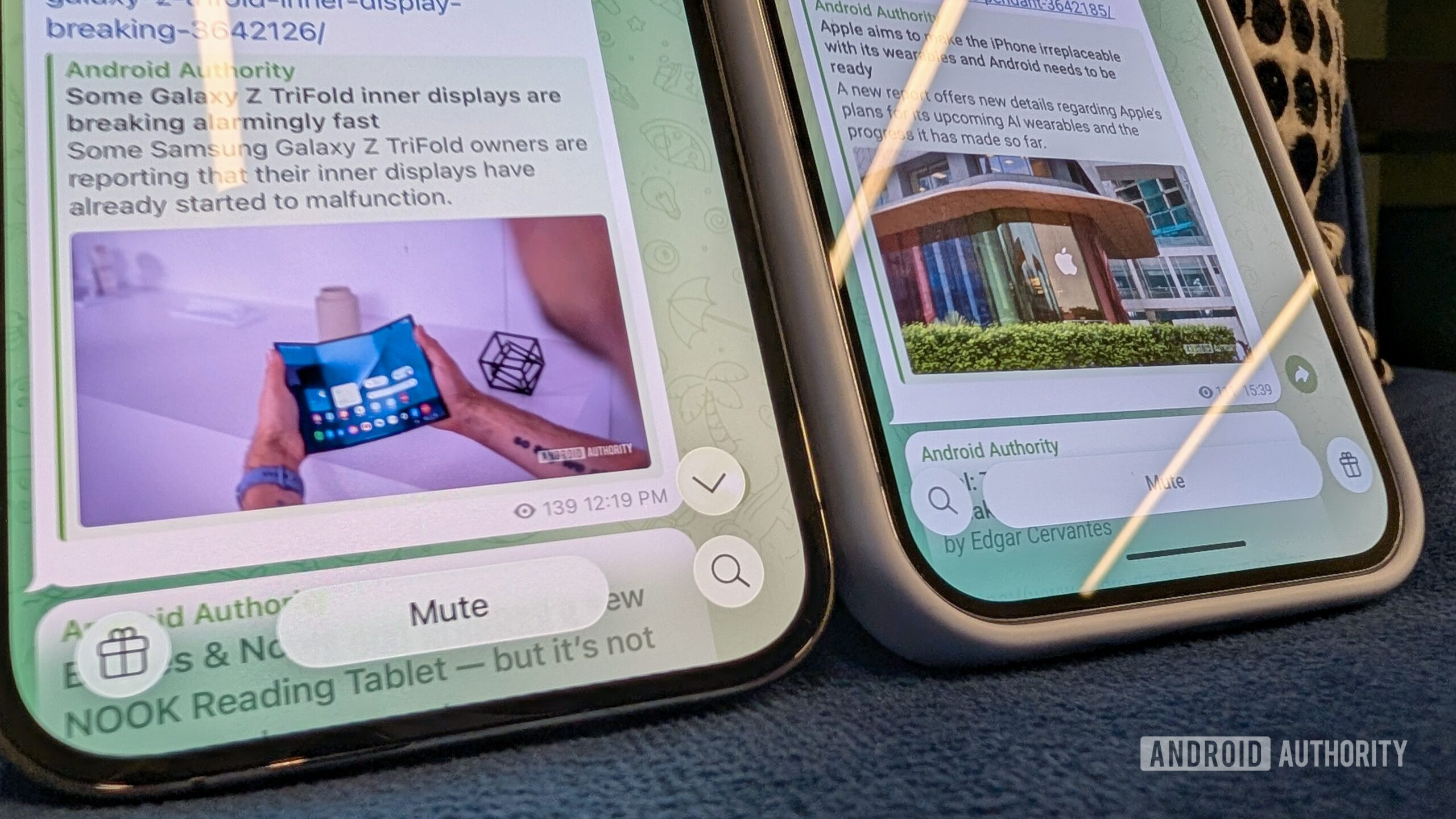 Apple iPhone and Google Pixel 10 Pro comparing Telegram UI on both devices
