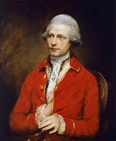 A man in an 18th century red coat, white hair tied back, seated against a dark background, expressing a calm demeanor.