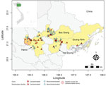 Geographic area and sites for study of avian influenza virus A(H9N2) prevalence across chicken production and distribution networks, Bac Giang, Hanoi, Hai Duong, and Quang Ninh Provinces, Vietnam, March 2021–March 2022. The 4 study provinces and the individual sites (farms and distribution facilities) are shown alongside the detection of avian influenza viruses (contaminated defined as >1 positive sample; noncontaminated defined as all samples testing negative) and the spatiotemporal cluster of contaminated farms. The 2 other farms that appear located in the cluster were not sampled during the temporal window.