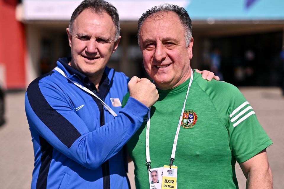 USA coach Billy Walsh, left, and Ireland coach Zaur Antia at the Paris 2024 Olympic Boxing Qualification Tournament at E-Work Arena in Italy. Photo: Ben McShane/Sportsfile