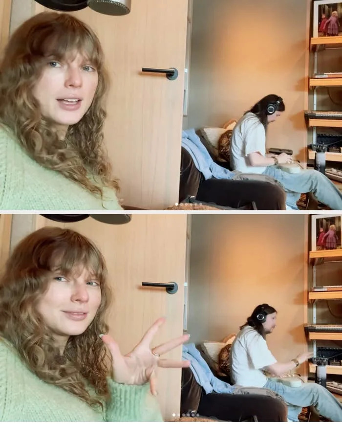 Taylor makeup-free in a recording studio