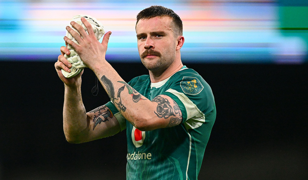 23 November 2024; Mack Hansen of Ireland after the Autumn Nations Series match between Ireland and Fiji at the Aviva Stadium in Dublin. Photo by Shauna Clinton/Sportsfile