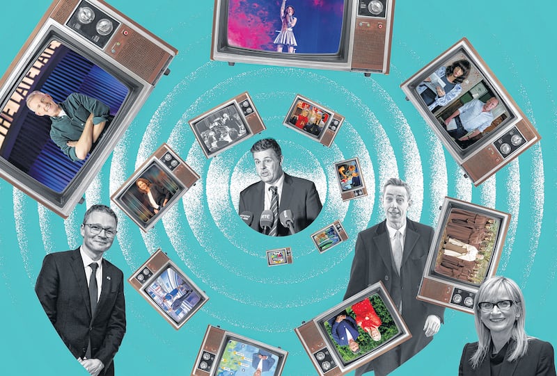 RTÉ staff fear that programme by programme, RTÉ is being stripped back to what’s known as a publisher broadcaster. Illustration:  Cathal O’Gara; photographs by Alan Betson, Dara Mac Dónaill, Andres Poveda, Damien Eagers, Naoise Culhane and RTÉ