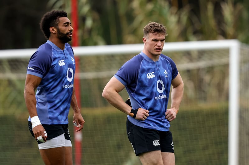 Ireland's Robert Baloucoune (left) with Josh van der Flier during a squad training camp in Portugal prior to the start of the Six Nations. Photograph: Ben Brady/Inpho
