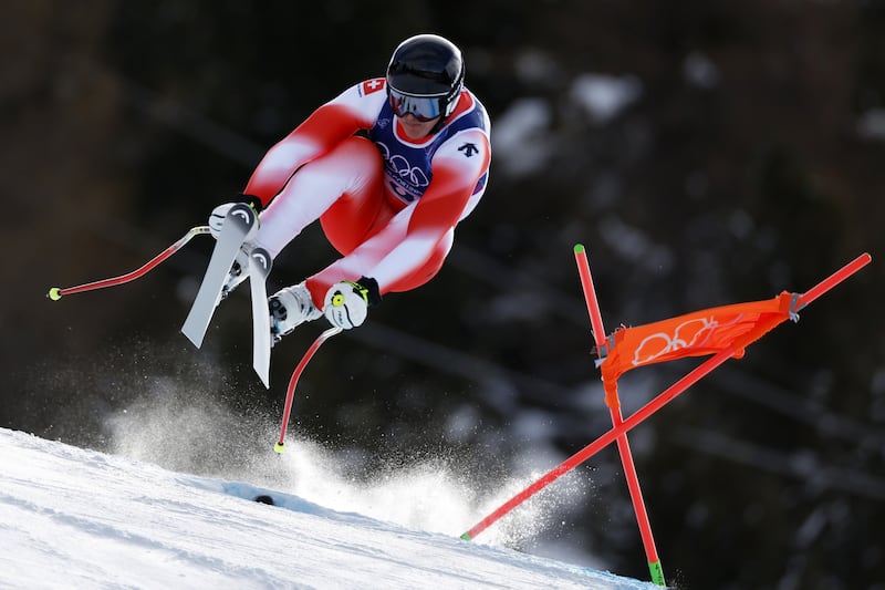 Gold medal winner Franjo von Allmen of Switzerland in action during the men's downhill in Bormio. Photograph: Alexis Boichard/Agence Zoom/Getty Images