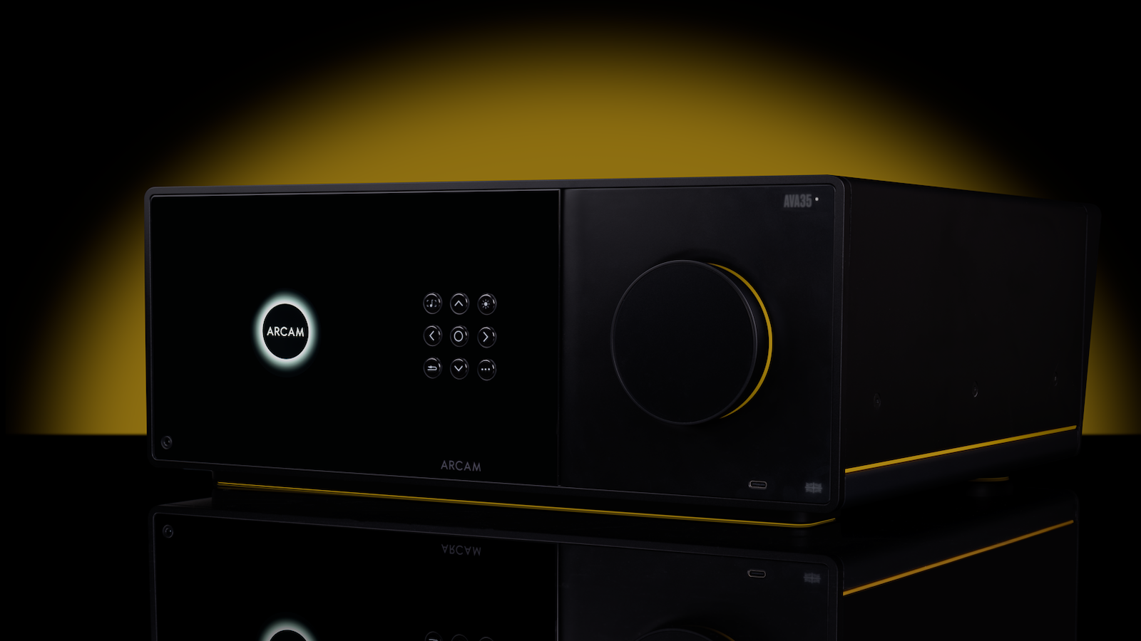 The Arcam AVA35 amplifier, pictured against a black background.