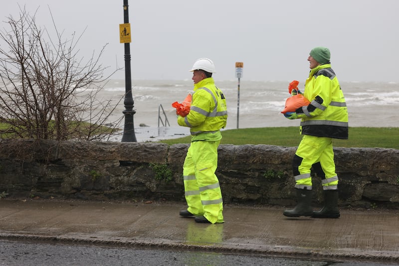 03/2/2025 News The scene at Sandymount strand in South Co. Dublin on Thursday, where barriers were erected and sandbags located to combat the high tides and guard against flooding in the area. Photo: Bryan O’Brien / The Irish Times 