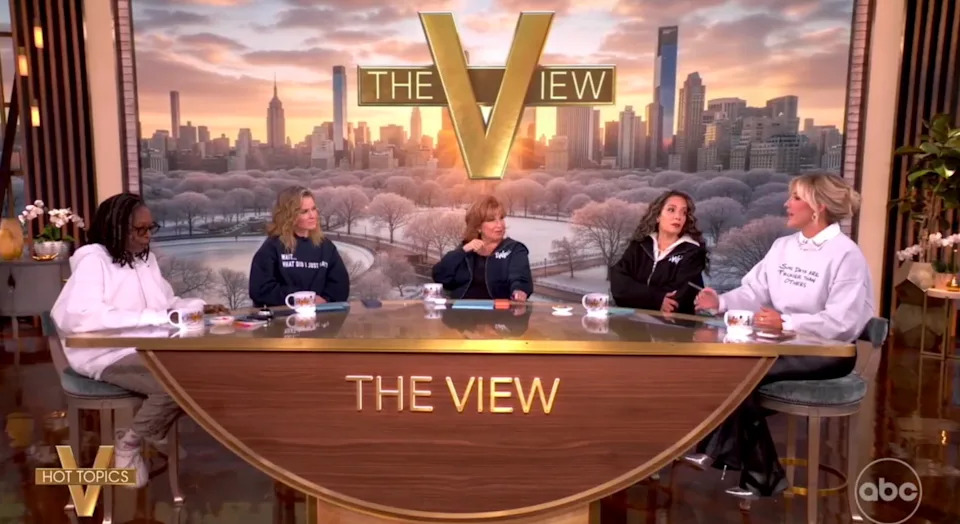 Five people are seated at a talk show desk on "The View," discussing a topic. The backdrop shows a city skyline