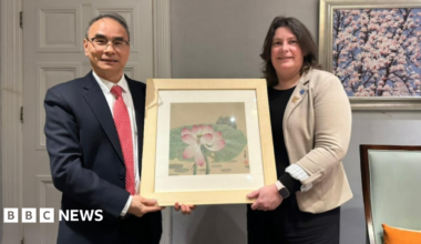 Hu Muqing, wearing a dark suit and red tie, and Laura Pye, wearing a black dress and cream jacket, hold a painting of a white and pink flower in a gold coloured frame during their meeting in China