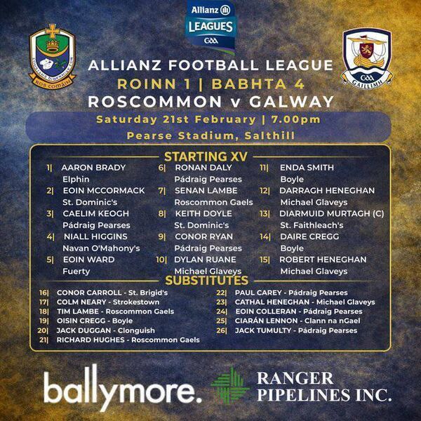 The Roscommon match-day panel for Saturday evening's Division One League game against Galway at Pearse Stadium, Salthill. Graphic: Roscommon GAA