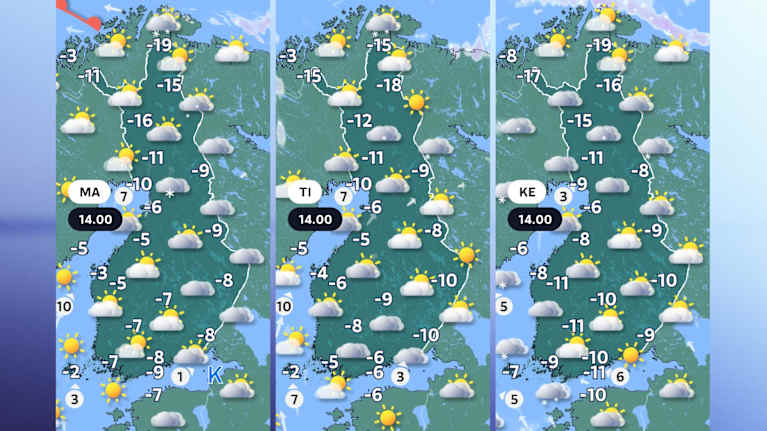 Alkuviikon sääennustekartat.