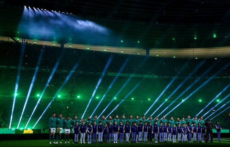Ireland stand for the national anthem before the Six Nations game in Paris. Photograph: Ben Brady