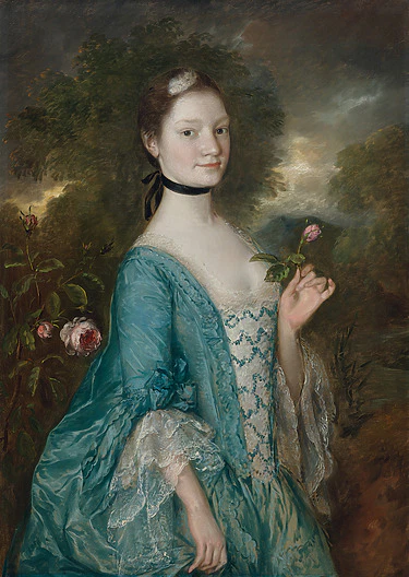 Portrait of a woman in a blue 18th-century dress holding a pink rose against a dark, cloudy landscape background.