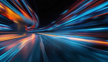 Panoramic high speed technology in big city concept, light abstract background.