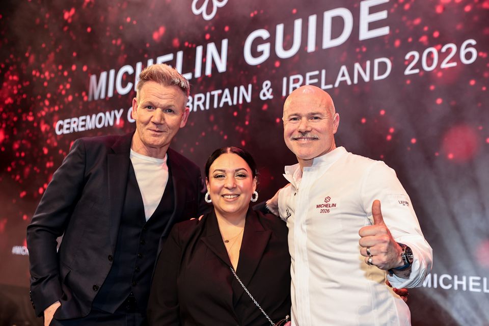 Gordon Ramsay, left, with chef John Wyer and his wife Sandy who run Forest Avenue restaurant in Dublin 4, which received a star for the first time at the Michelin Guide awards. Photo: Gerry Mooney