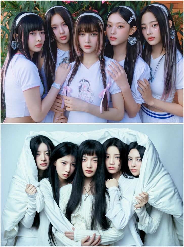 K-pop girl groups NewJeans, top, and ILLIT / Courtesy of Ador, Belift Lab