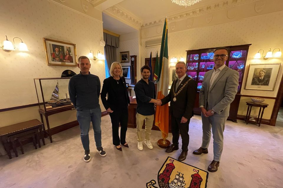 Ireland team gymnast Dan Fox meets Cork Lord Mayor Fergal Dennehy.