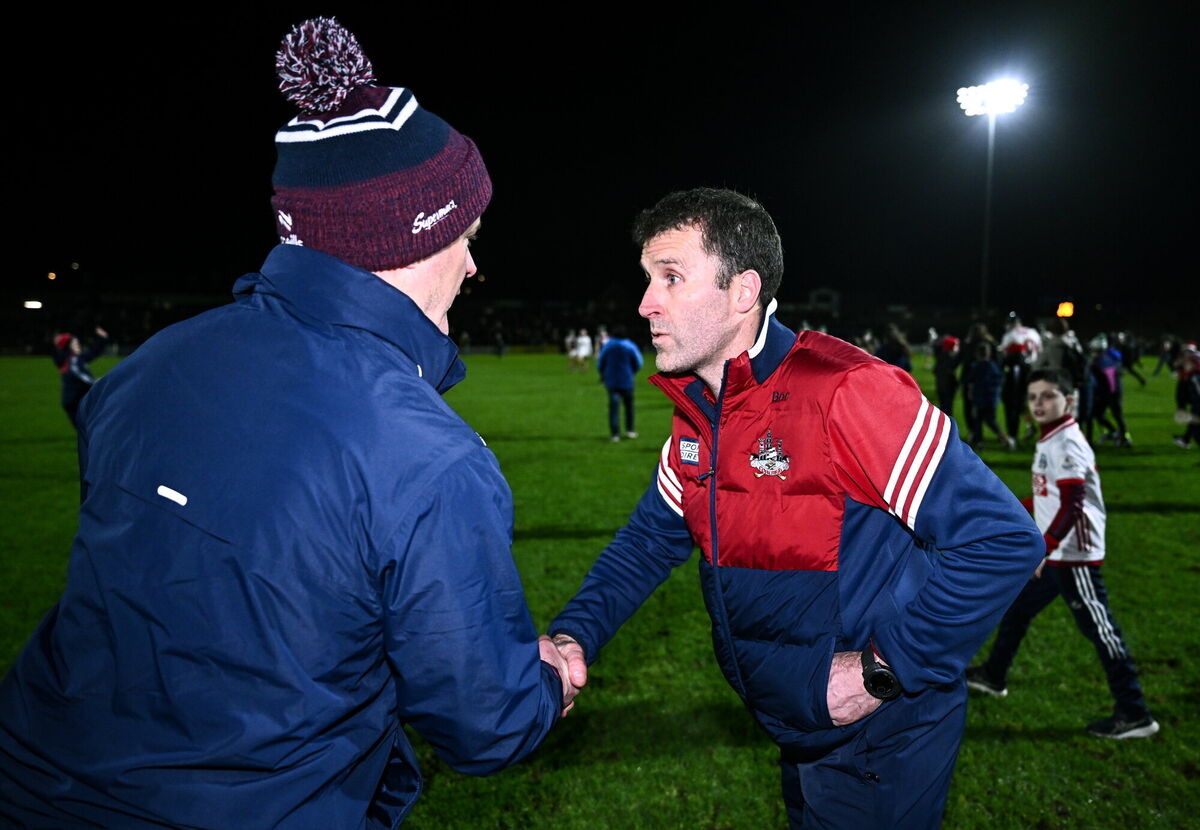Cork manager Ben O'Connor, right, and Galway manager Micheál Donoghue shake hands on Saturday night. Picture: Ben McShane/Sportsfile
