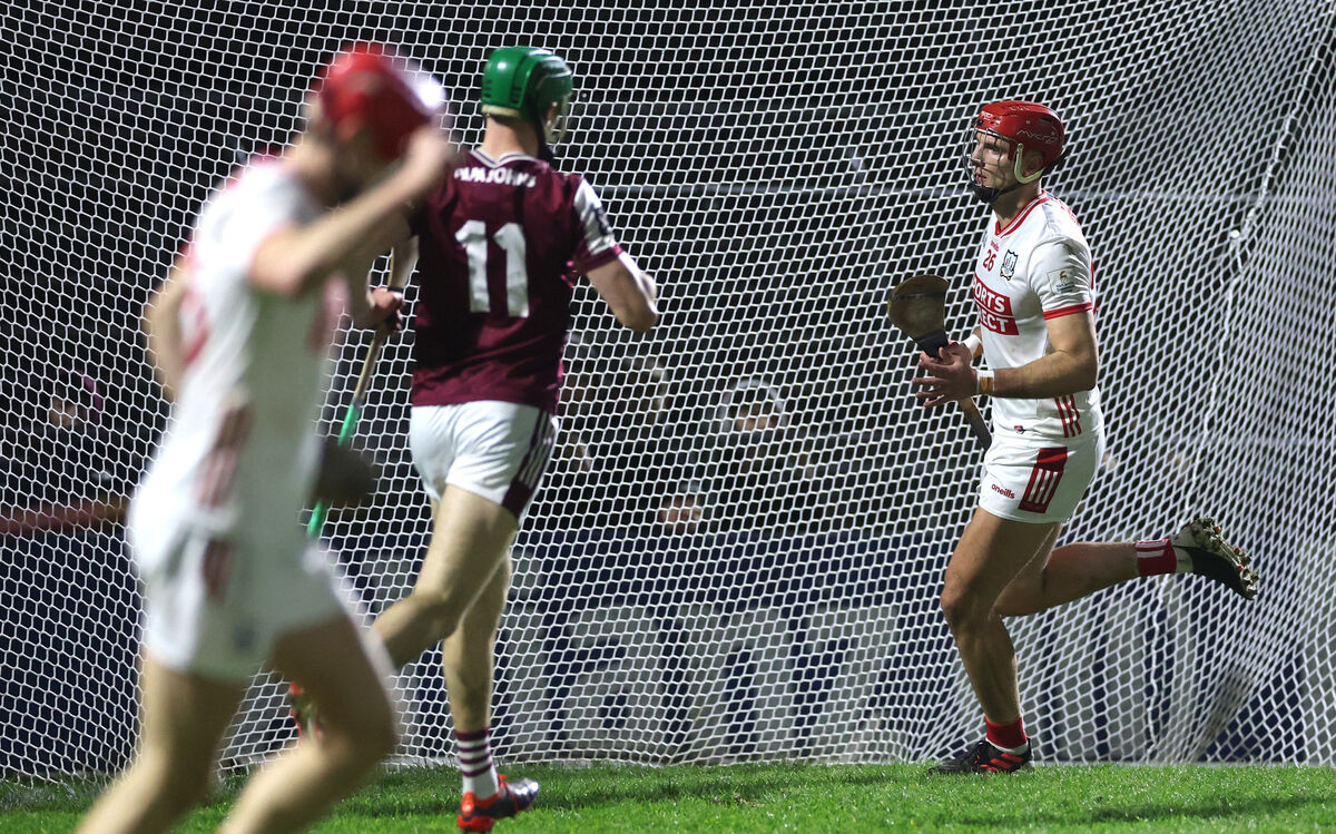 Cork’s Brian Hayes celebrates scoring the opening goal against Galway at Pearse Stadium. Picture: INPHO/James Crombie
