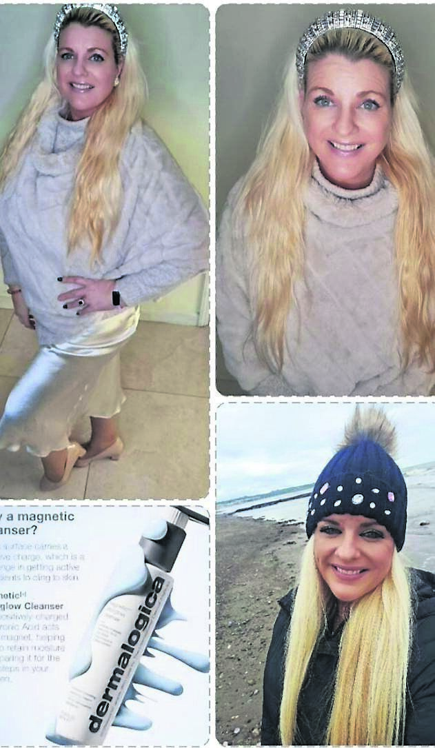 Emer O’Callaghan in a silk skirt from River Island and cream fake fur from Ruby Rouge Boutique, head band is Dunnes Stores, heels are Marks & Spencer. Also, below, out walking, hat and coat both a gift. Emer’s make-up is Master Colors Paris.