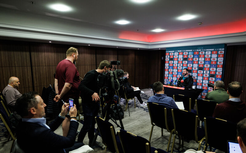 Head coach Andy Farrell speaks to the press including the Irish Examiner's Simon Lewis. Pic: ©INPHO/Ben Brady