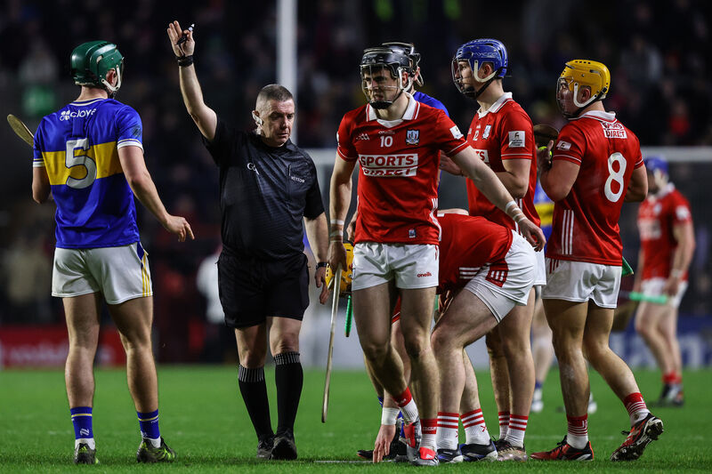 Referee Liam Gordon was at the heart of the action on Saturday night in SuperValu Páirc Uí Chaoimh. Picture: INPHO/Ben Brady