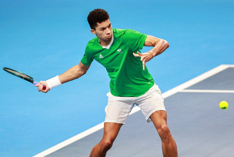 Ireland's Michael Agwi in action against Taym Alazmeh of Syria on day two of the Davis Cup World Cup Group II play-off match at UL Arena. Pic: Thomas Flinkow/Sportsfile
