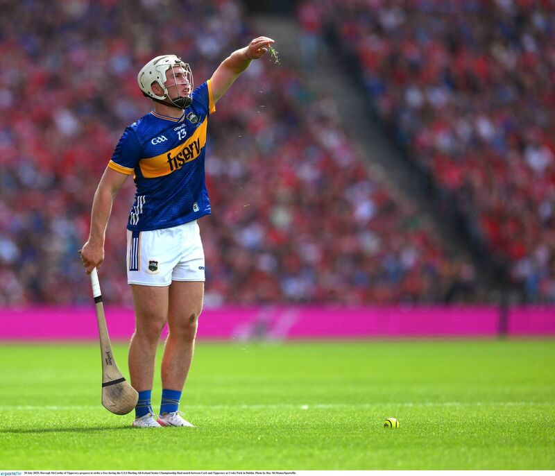 Darragh McCarthy of Tipperary prepares to strike a free against Cork at Croke Park. Picture: Ray McManus/Sportsfile