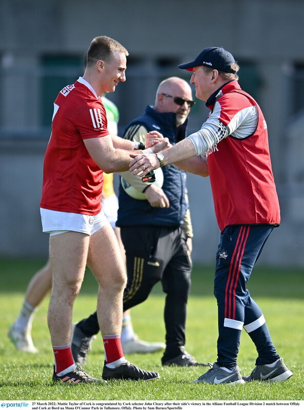 Matty Taylor of Cork is congratulated by Cork interim manager John Cleary after victory over Offaly in 2022. Picture: Sam Barnes/Sportsfile
