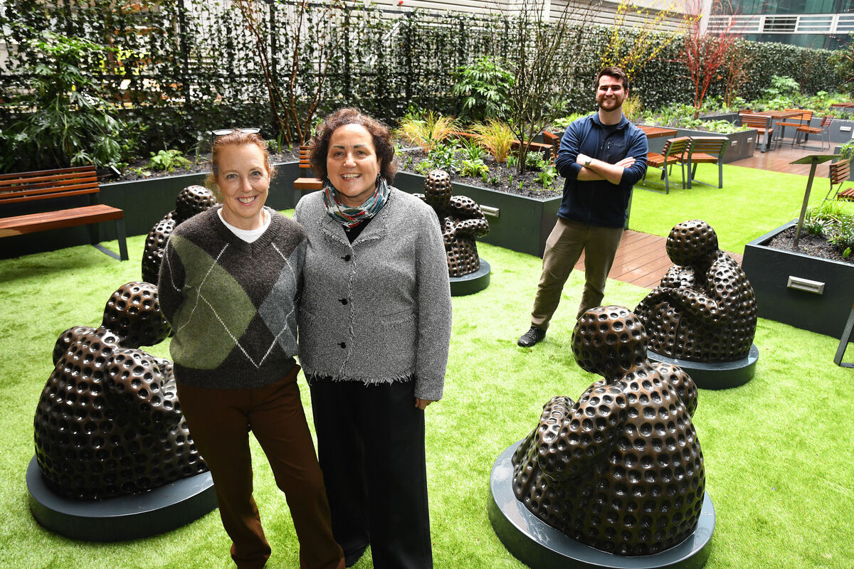  Suzanne Dempsey, left, and Dolores Heery, with sculptor Sean Gallagher at the 'Our Covid Warriors' installment. Picture: Moya Nolan