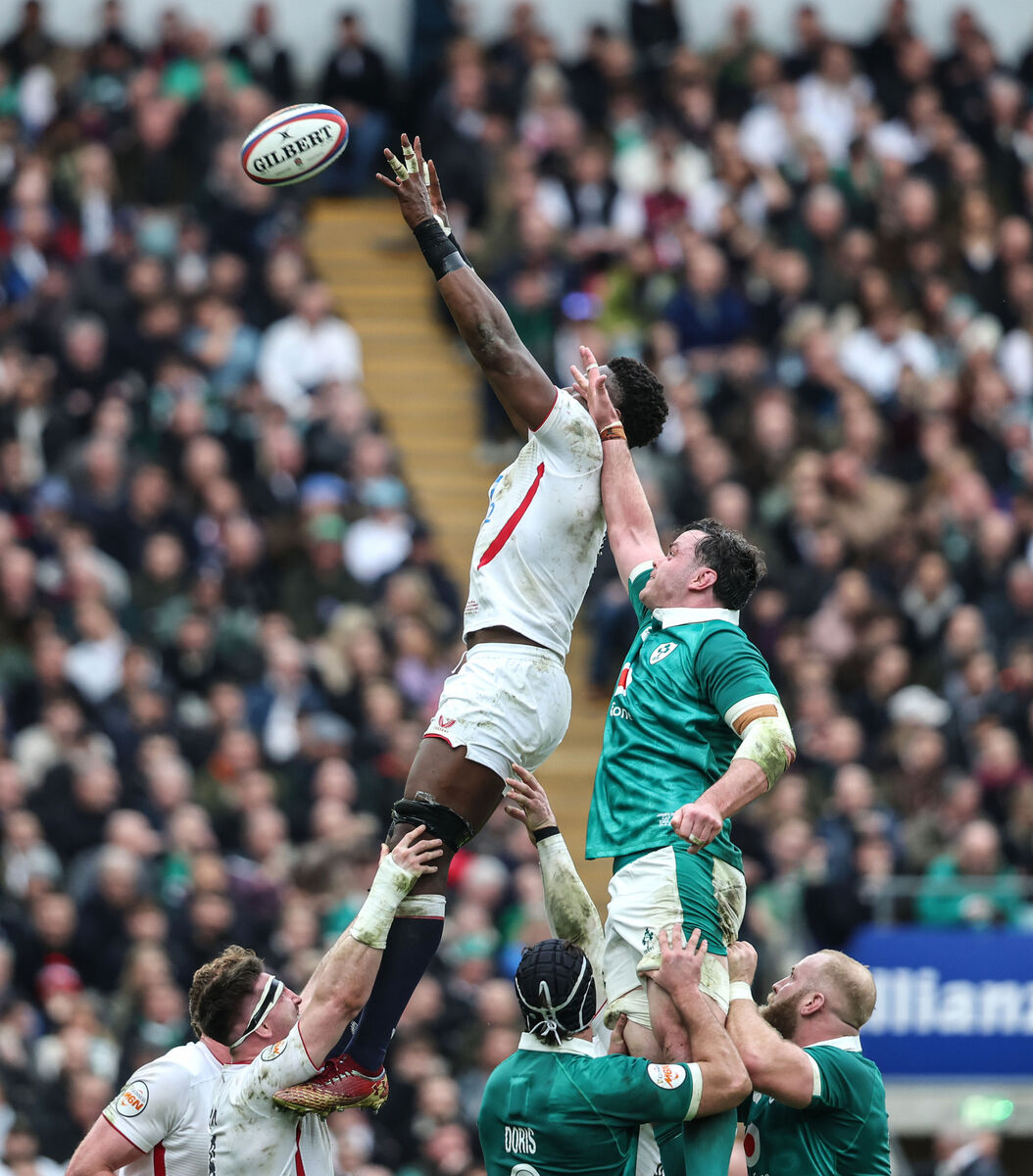 Ireland's James Ryan and England's Maro Itoje compete for a ball in the air. Picture: INPHO