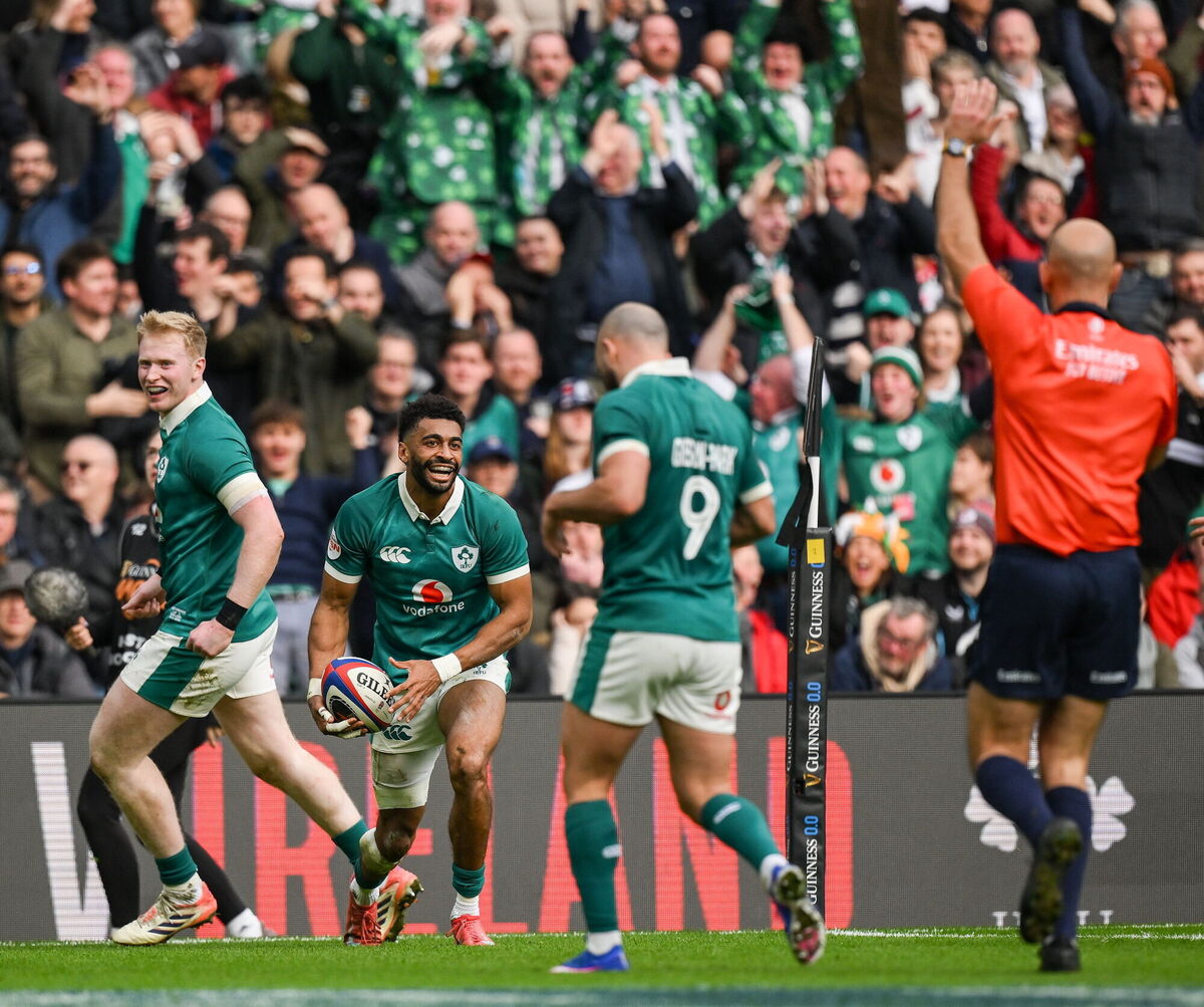 Robert Baloucoune after scoring Ireland's second try against England in Twickenham. Picture: Brendan Moran/Sportsfile