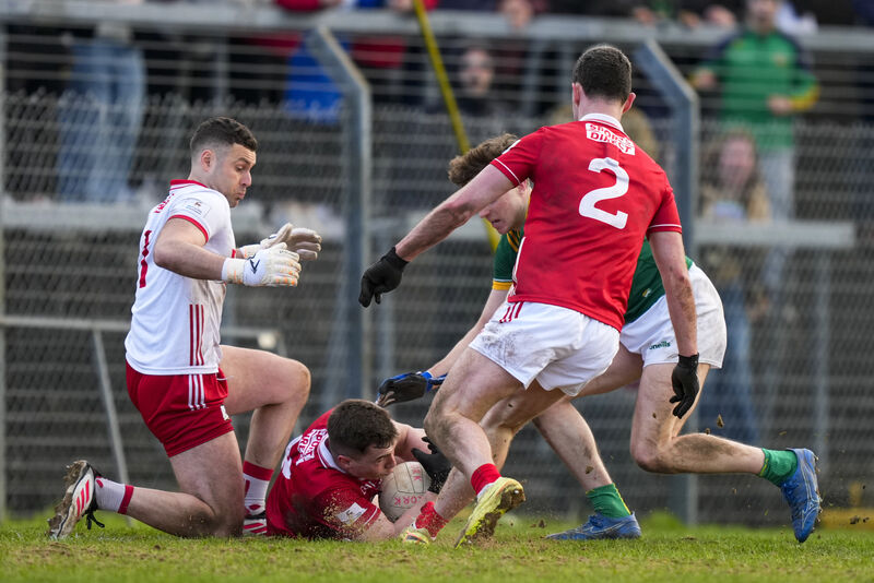 Luke Fahy of Cork with a block at the end of the game. Picture: INPHO/James Lawlor