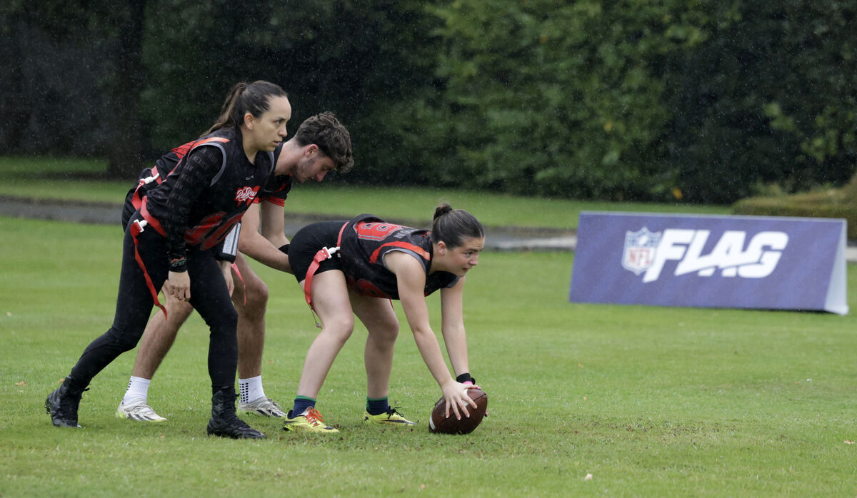 North Down Dragons playing the Vipers in the Flag football event in US Ambassador's Residence, Phoenix Park. Pic: Leah Farrell/RollingNews