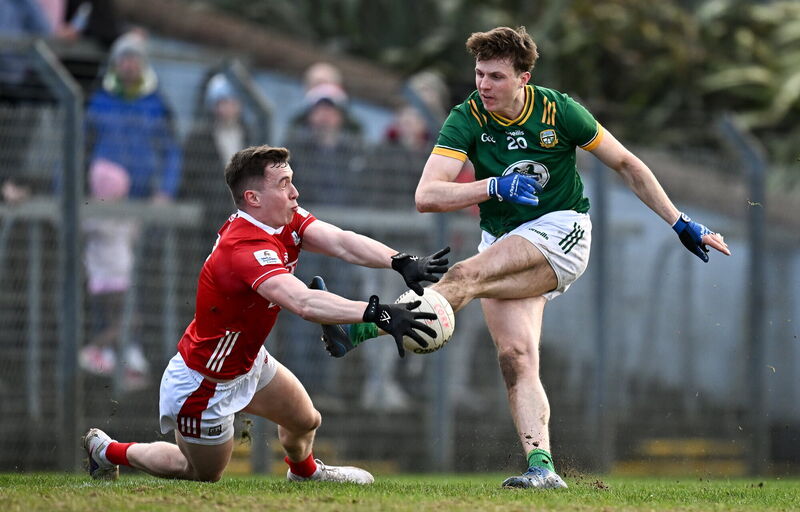 Adam O’Neill of Meath has a shot blocked by Luke Fahy of Cork in the last minute at Páirc Uí Rinn. Picture: Seb Daly/Sportsfile