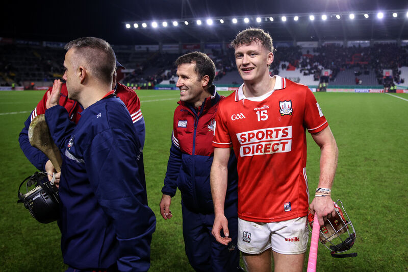 Alan Connolly celebrates with Cork manager Ben O'Connor after beating Tipperary. Picture: Inpho/Ben Brady