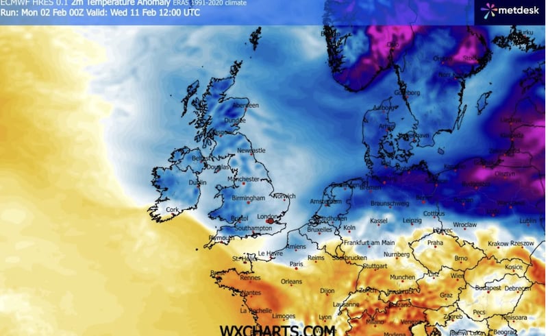 This screen grab from the European Centre for Medium-Range Weather Forecasts (ECMWF) shows a very cold set-up over Ireland on February 11th. The blue colours indicate freezing temperatures.