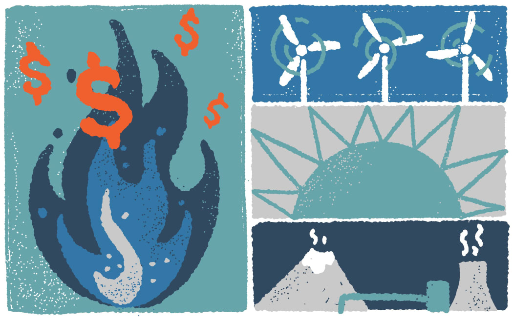 Stylised illustration of gas flame, wind turbines, sun, and a geothermal plant.