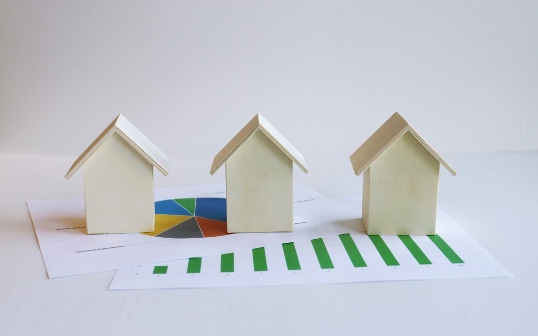 Model houses sit atop graphs.