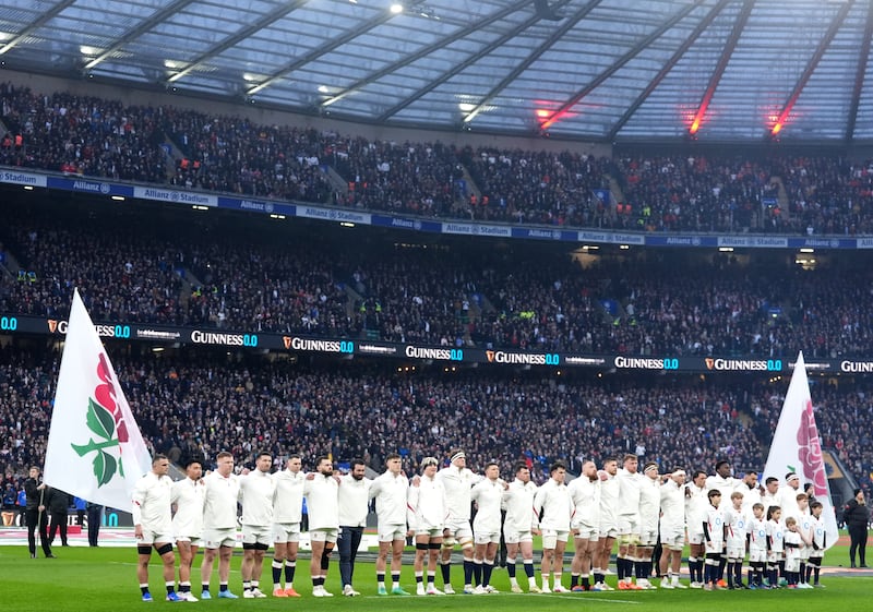England players during the anthems ahead of last weekend's Six Nations first round fixture against Wales at Twickenham. Photograph: Adam Davy/PA