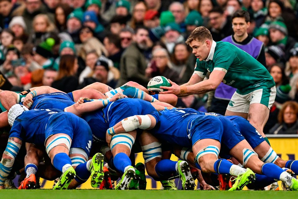 Garry Ringrose of Ireland, playing at scrum-half, feeds the ball into a scrum during the win against Italy. Photo: Sportsfile