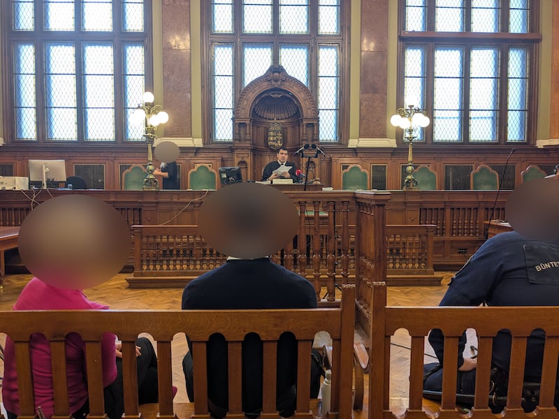 The accused (centre) appearing before the judge in Budapest on February 13th, with interpreter (left)