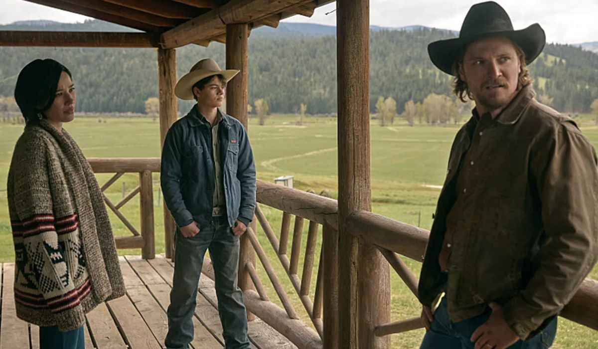 (L-R) Kelsey Asbille as Monica Long, Brecken Merrill as Tate Dutton and Luke Grimes as Kacey Dutton on episode 509 of Paramount Network's 'Yellowstone'./Pic: Paramount Global 2024