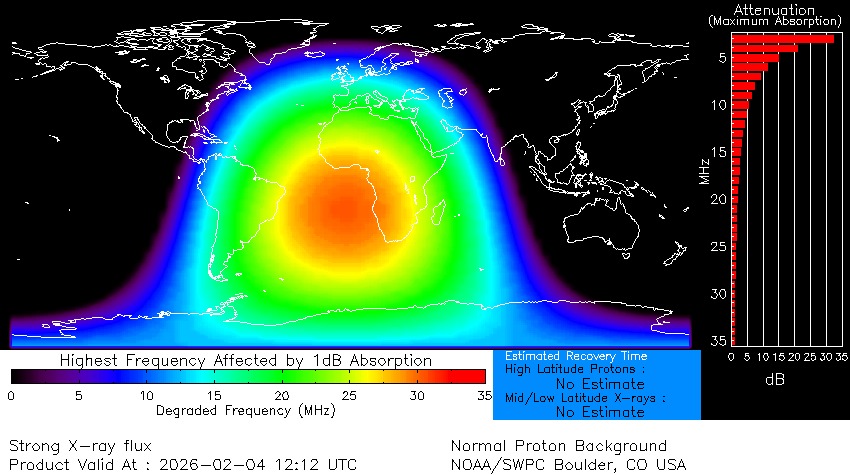 radio blackout map showing strong blackouts over Africa and Europe.