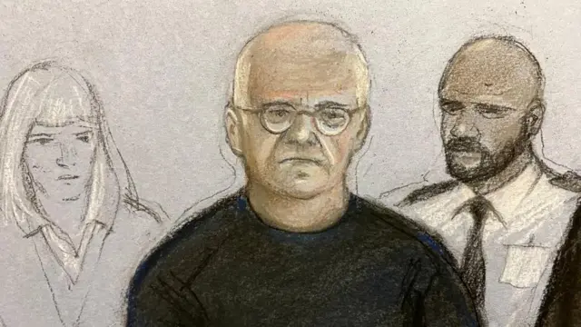 Court sketch of Steve Wright appearing at the Old Bailey, he is flanked by a woman, and a man in uniform