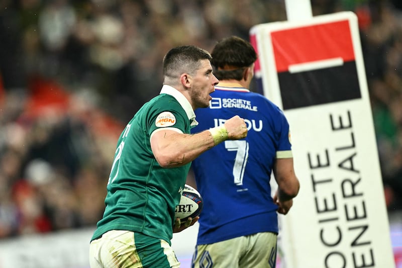 After coming off the bench, flanker Nick Timoney scores a try for Ireland. Photograph: Julie Sebadelha/Getty